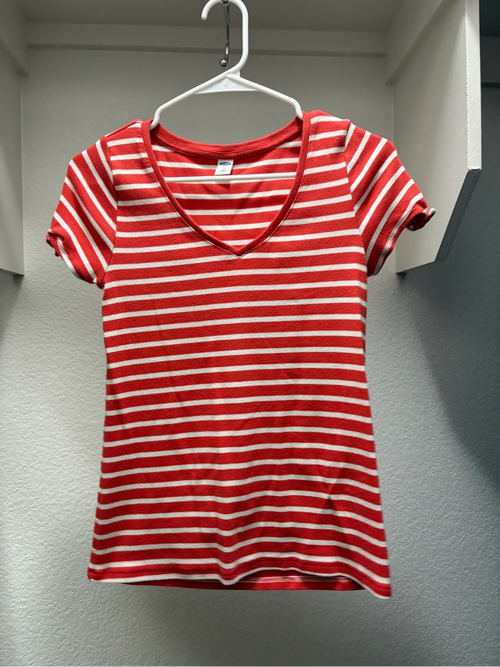 Old Navy Orange and White Striped V-Neck Tee